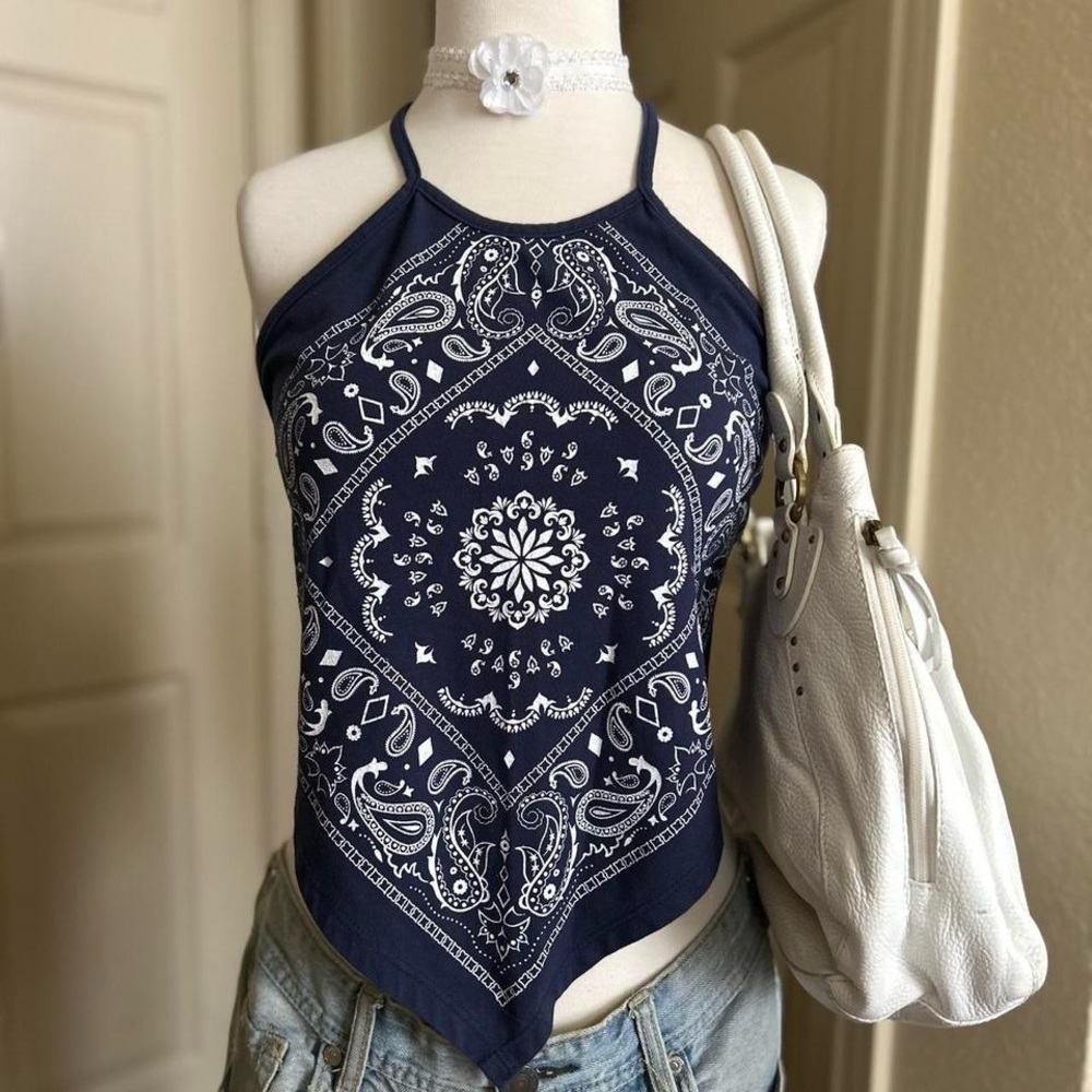 Blue and White Asymmetrical Halter Crop Top
